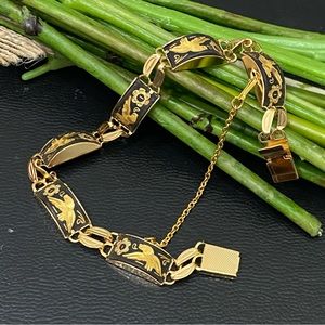Vintage Damascene Gold-tone Enameled Birds & Flowers Link 8” Bracelet 16.3g